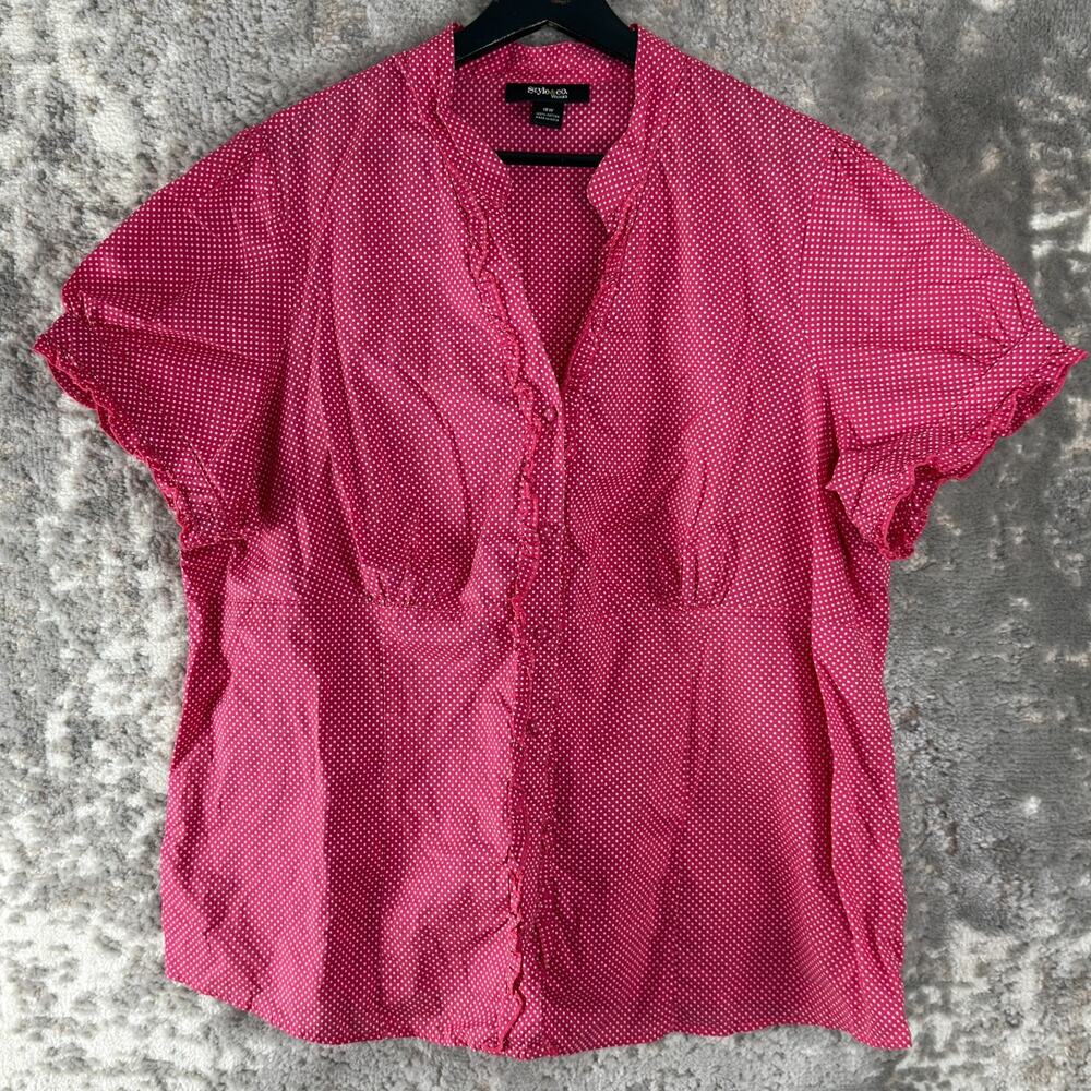 Style Co Plus Sz 18W Polka Dot V Neck Casual Button Top Red Short Sleeve Cotton